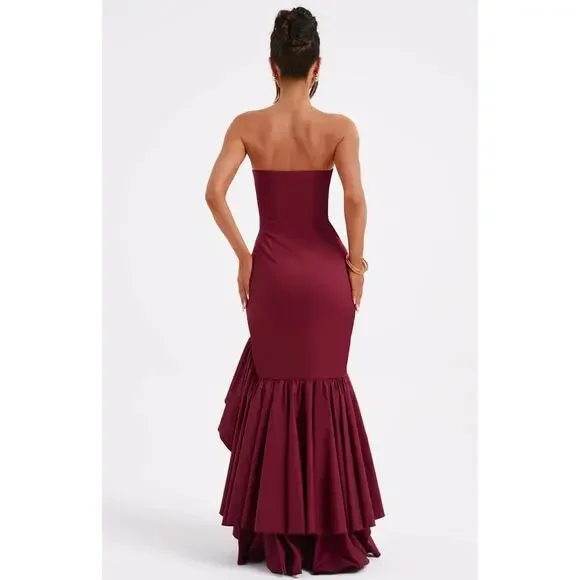Babyboo Angelina Strapless Ruffle Maxi Dress NWT Burgundy Formal Gown Sz Small - Picture 9 of 12